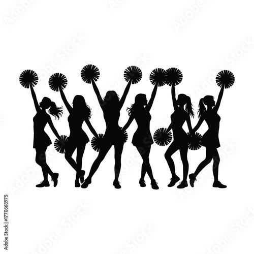 Silhouette of cheerleaders with pom poms cheerleading team
