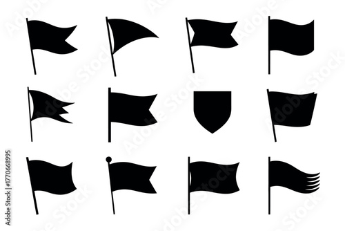A collection of various black flag shapes and shield icons on a white background.