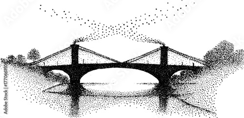 Winter scene of a snow-covered bridge in black and white dotwork design