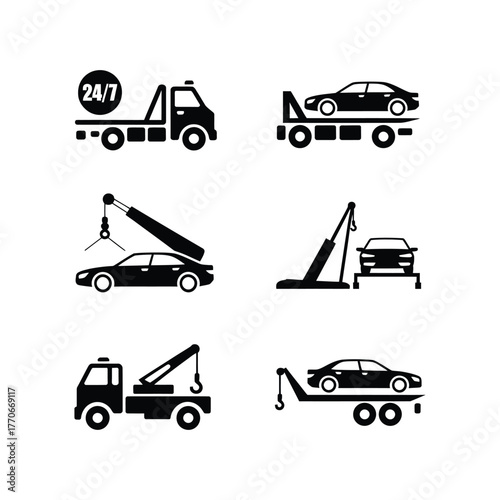 Tow truck service icons, car towing and roadside help