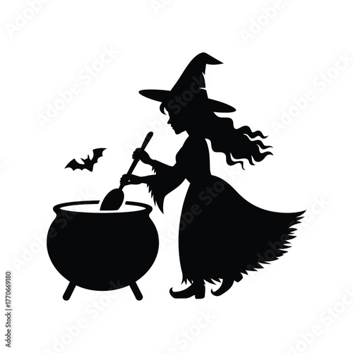 Silhouette of a witch stirring a cauldron with a bat