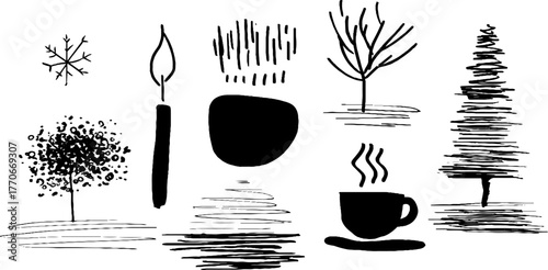 Minimalist abstract doodles of winter elements in black and white for design use