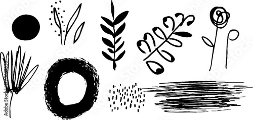 Minimalist abstract doodle set featuring black and white wreath and botanical elements