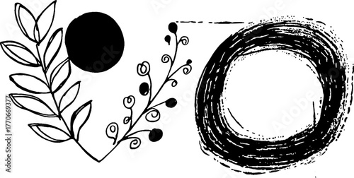 Minimalist black and white abstract doodles with wreath design for creative use