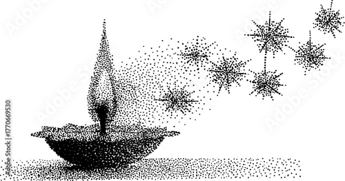 Candle flame transforming into glowing stars in black and white design