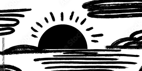 Minimalist abstract black and white landscape with bridge silhouette