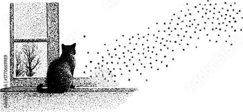 Black and white illustration of a cat gazing through snowy window - cozy winter concept for wall art