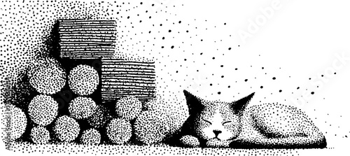 Black and white illustration of a cat sleeping peacefully near firewood