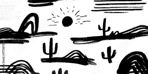 Minimalist black and white desert landscape with cacti and sun illustration for modern design