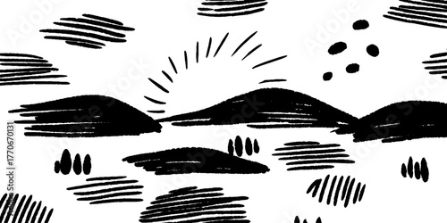 Minimalist abstract landscape art of distant hills in black and white