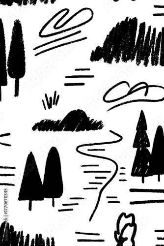 Minimalist abstract black and white forest path landscape for artistic design