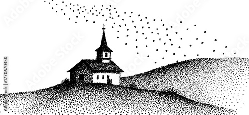 Tranquil scene of church on hill in black and white dotwork style