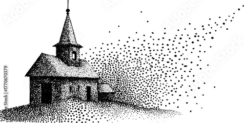 Vintage dotwork illustration of a church with halftone effect for design and decoration