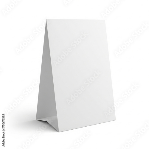 Blank white table tent card mockup isolated on white background perfect for restaurant menus or advertising displays