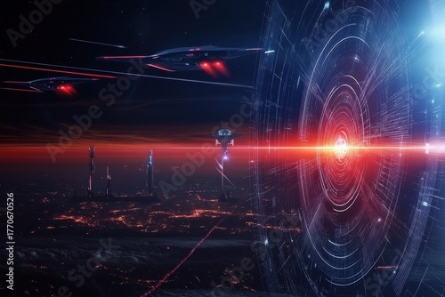 Futuristic space scene with advanced technology and distant planets during twilight hours