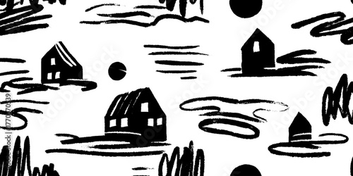 Minimalist abstract black and white landscape with houses for artistic design