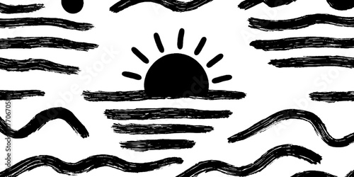 Minimalist abstract black and white island landscape with sunburst design for wall art