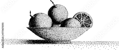 Black and white citrus fruits in bowl illustration for vintage design