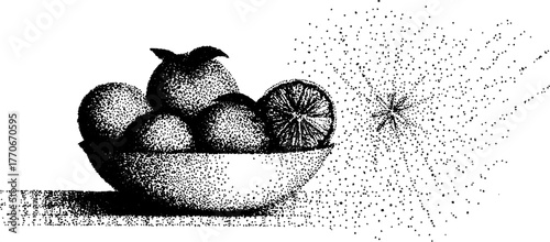 Black and white illustration of citrus fruits in bowl with stipple texture for vintage design