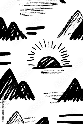 Minimalist abstract mountain landscape in black and white design
