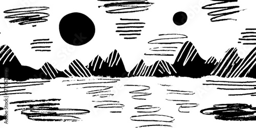 Minimalist abstract black and white mountain landscape art for contemporary design