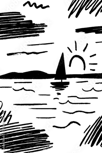 Minimalist black and white seascape with sailboat and sunrise for artistic design