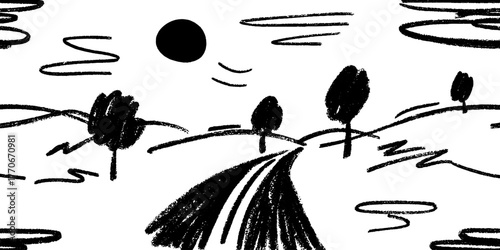 Minimalist abstract landscape in black and white with tree-lined road and sun design