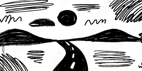 Minimalist abstract black and white landscape with road and hills