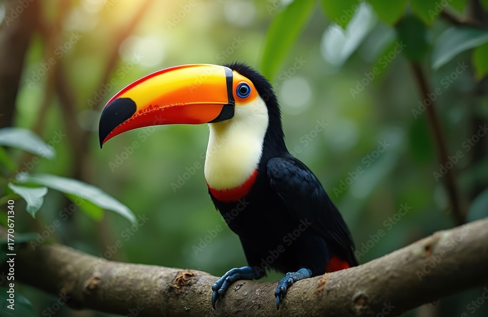 Naklejka premium The toucan bird sits on a tree branch in a rainforest. The colorful bird has a large beak with bright features. Green leaves and bokeh create jungle eco background.