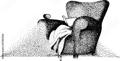 Cozy reading nook with armchair, blanket, and book in black and white dotwork design