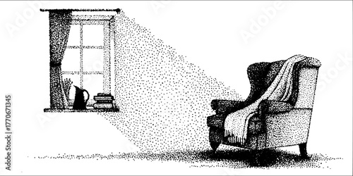 Cozy armchair with blanket in vintage dotwork style for relaxation and comfort