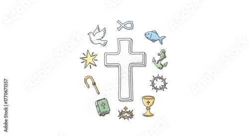 Symbolic Christian doodles illustrating faith and devotion in a modern simple way, with hand drawn