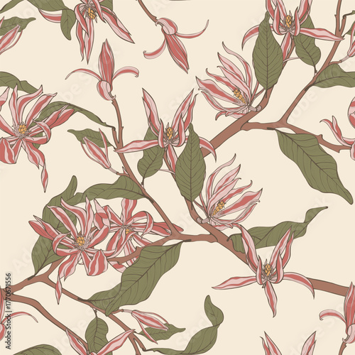 Vector floral seamless pattern of magnolia branches and flowers. Romantic elegant endless background.