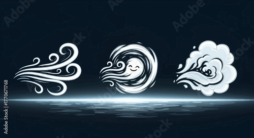 Stylized white wind illustrations depicting air movement and weather conditions in various forms