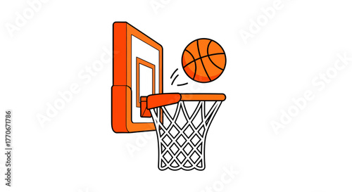 Vibrant basketball illustration featuring an orange ball flying into the net and basket