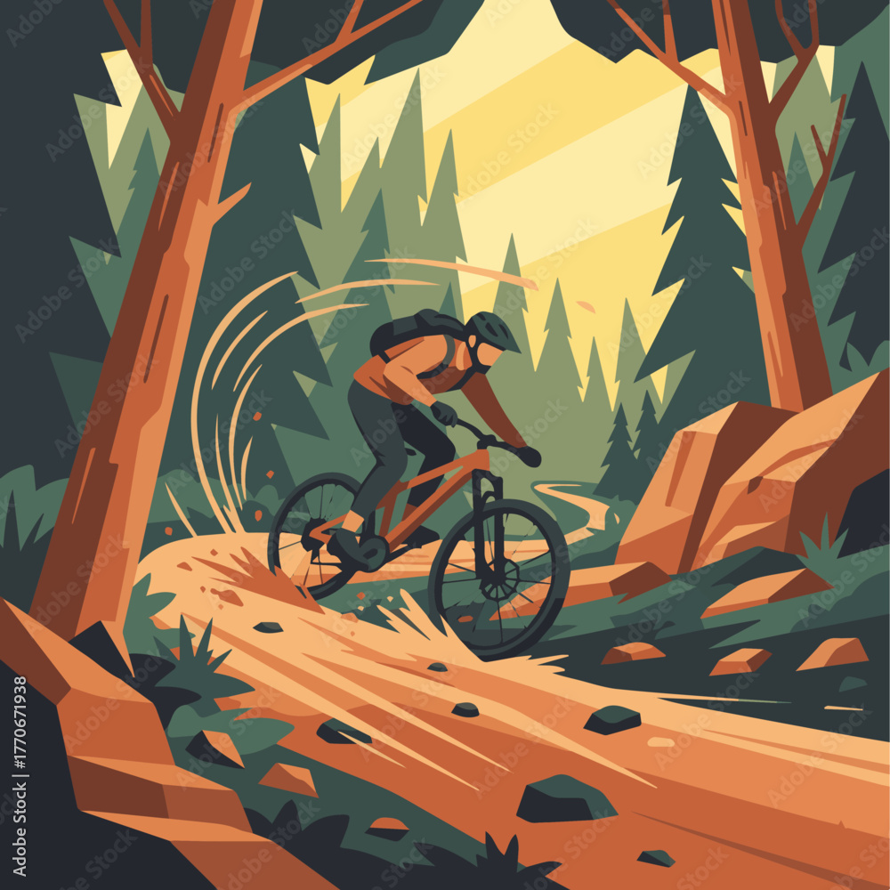 Fototapeta premium Mountain Biking Adventurevector flat illustration of mountain biker descending forest trail