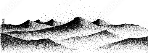 Vintage black and white illustration of distant hills under soft glow