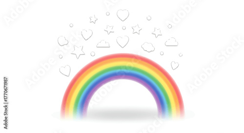 Vibrant rainbow arc with enchanting cloud heart and star elements on bright backdrop