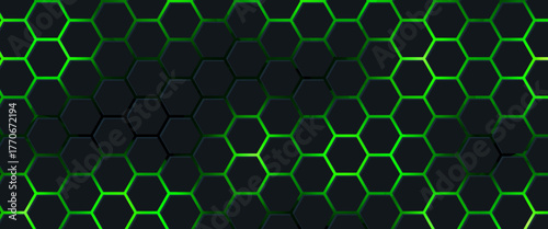 Dark technology hexagonal vector abstract background. Green bright energy flashes under hexagon in dark technology futuristic modern background vector illustration. Gray honeycomb texture grid.
