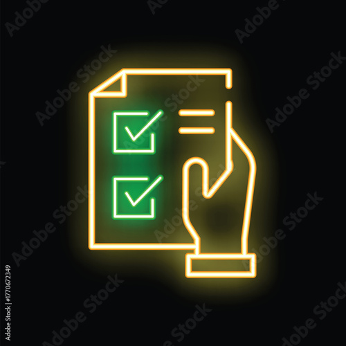 Neon hand holding checklist with check marks on dark background representing concept of survey or exam
