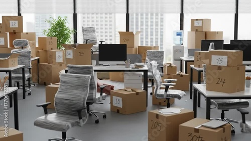 Office in transition boxed items and covered chairs await relocation