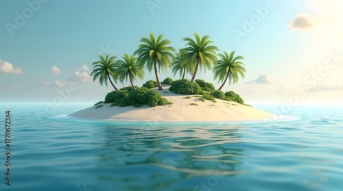 A serene tropical island with palm trees and lush greenery surrounded by tranquil blue waters.