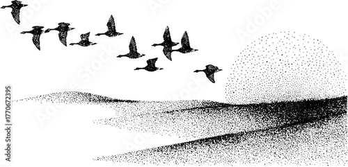 Flock of birds flying over a stippled landscape at sunrise