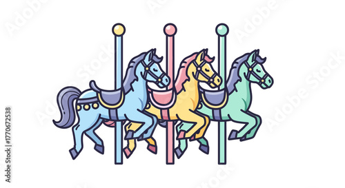 Whimsical carousel illustration with pastel horses evokes nostalgic childhood joy and amusement