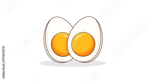 Whimsical cartoon illustration of two halves of a boiled egg on a white background