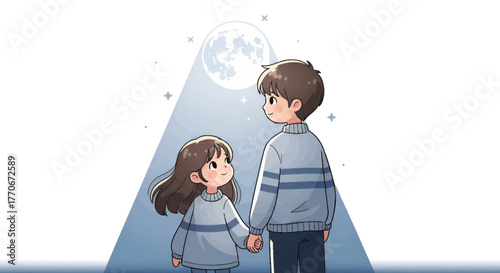 Whimsical cartoon of two young friends stargazing on a magical night under the moon