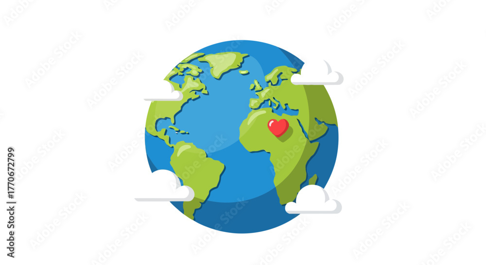 Naklejka premium Whimsical Earth illustration with a loving heart over Africa amid fluffy clouds