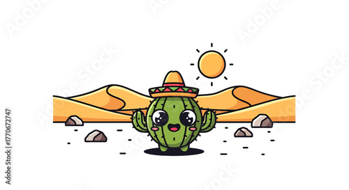 Whimsical desert scene featuring a cheerful cartoon cactus wearing a sombrero