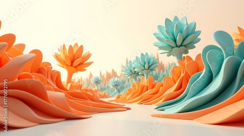 A vibrant landscape of stylized flowers and waves in orange and turquoise hues, creating a surreal and whimsical scene.