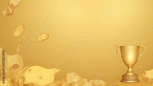 Golden trophy and abstract shapes on golden background, celebration concept